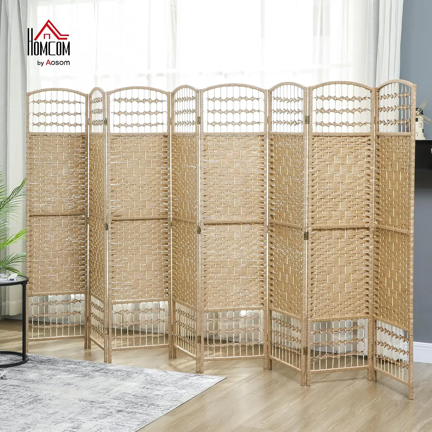 8 Panel Folding Privacy Screen Room Divider, 5.6ft Wave Fiber Freestanding Partition, Natural, Customized