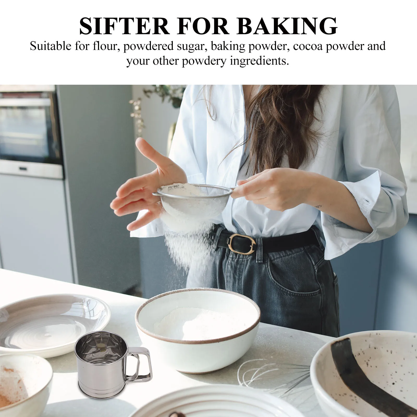 

Stainless Steel Flour Sifter Mesh Baking Strainer Fine Mesh Food Strainers Metal Flour Shaker for Cake Pastry Bread