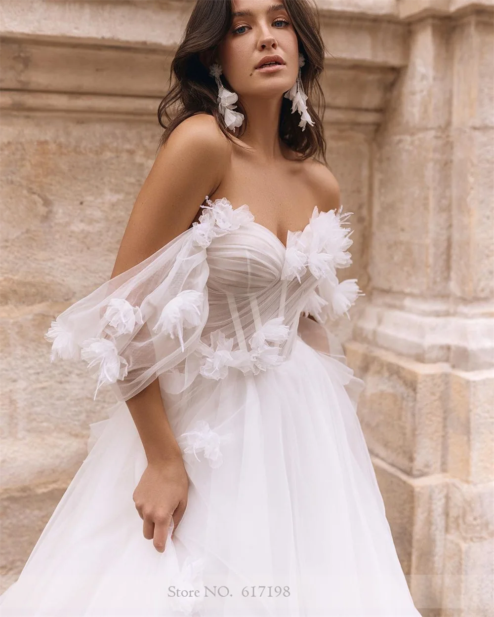 Robe de Mariée en Tulle à Fleurs, Col en Forme de Cœur, A-ligne, Tension Créatoire, pour les Patients