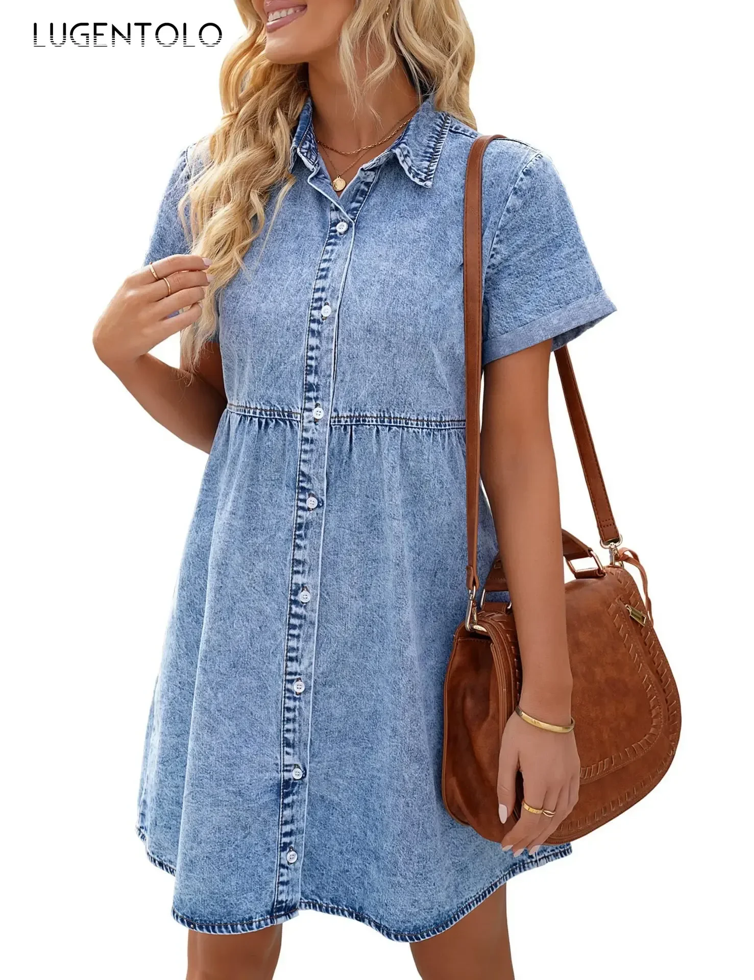 

Denim New Dress Women Short Sleeve Casual Street Single-breasted Do Old Female Lapel Washed Sweet Big Swing Empire Midskirt