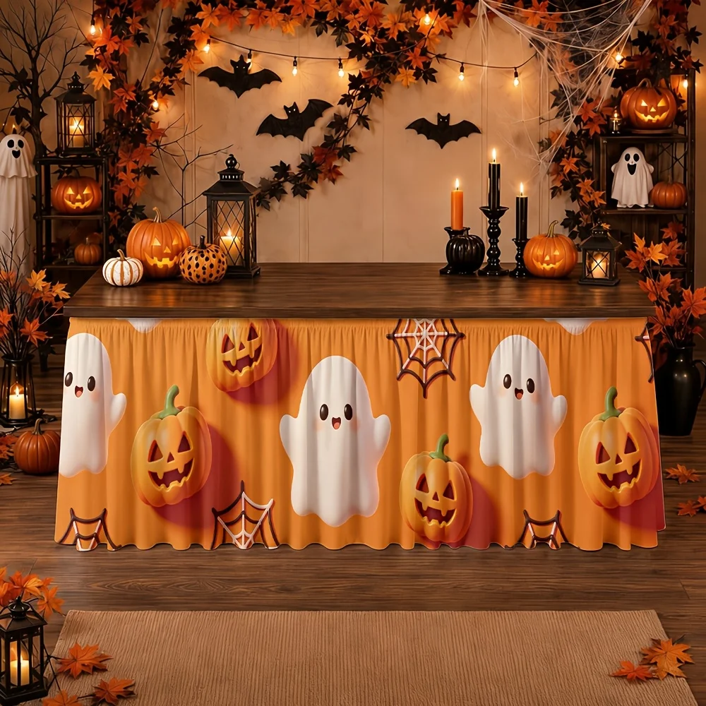 /tableskirt Halloween themed ghost and pumpkin pattern festive autumn lebration spooky party tablecovzyc