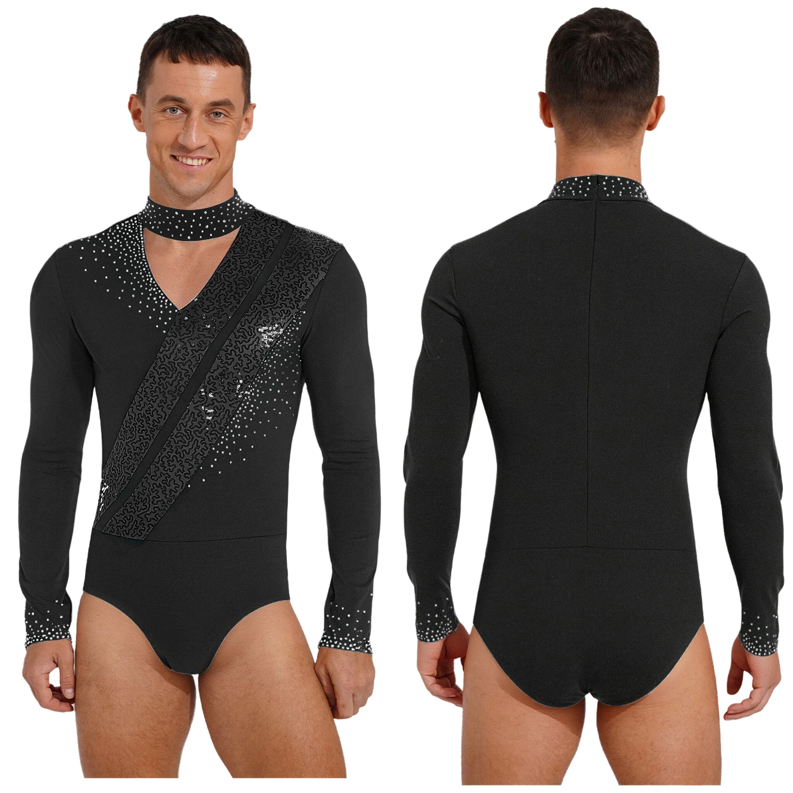 Elegante Ballett-Übungskleidung für Herren, glitzernder Pailletten-Body, Ballett, lateinamerikanischer Tanz, Wettbewerb, Performance-Kostüm, lateinamerikanisches Trikot