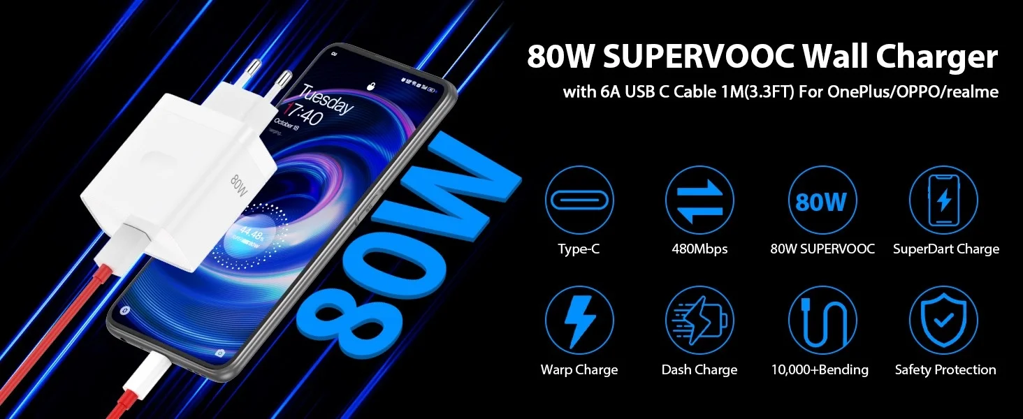 Caricabatterie da Muro Rapido EU 80W SuperVOOC per OnePlus 10 Pro 11 12 13 15 Nord 4 5 CE 2 3 Le OPPO Realme con Cavo USB Tipo C  202192403