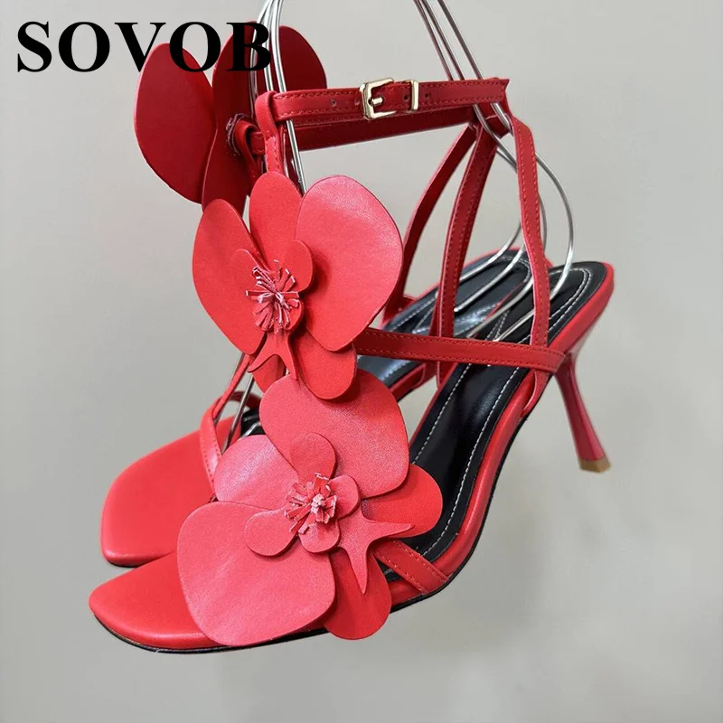 

New Summer Genuine Leather Flower Decorated Fine Heeled Sandals Women's Narrowband Fairy Style Sandalias Banquet Dresses Shoes