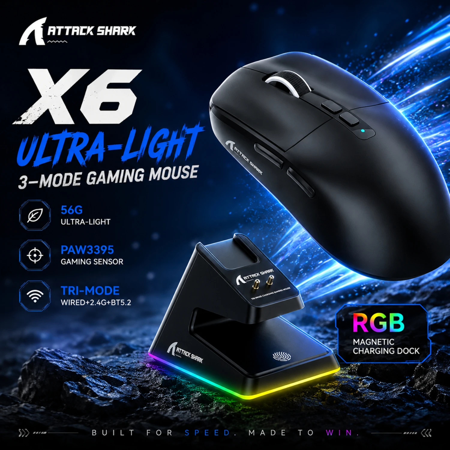 

Attack Shark X6 Wireless Ergonomic Gaming Mouse Adjustable DPI Wired 2.4G/Bluetooth High Precision Rechargeable Mice