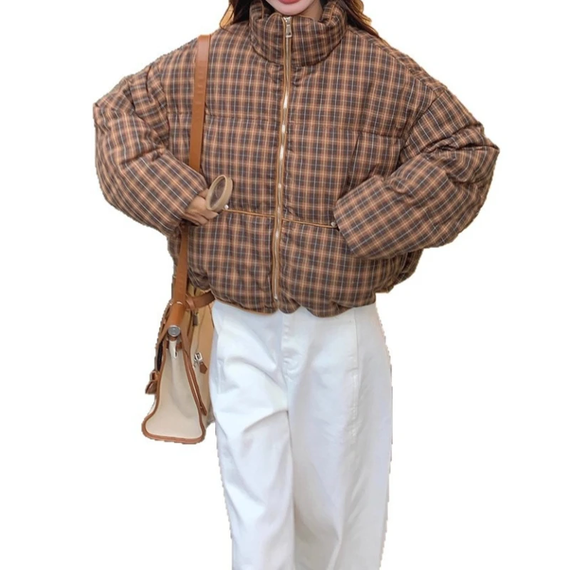 ملابس نسائية قصيرة منقوشة بالقطن لشتاء 2025 ملابس خبز جديدة بياقة واقفة #5