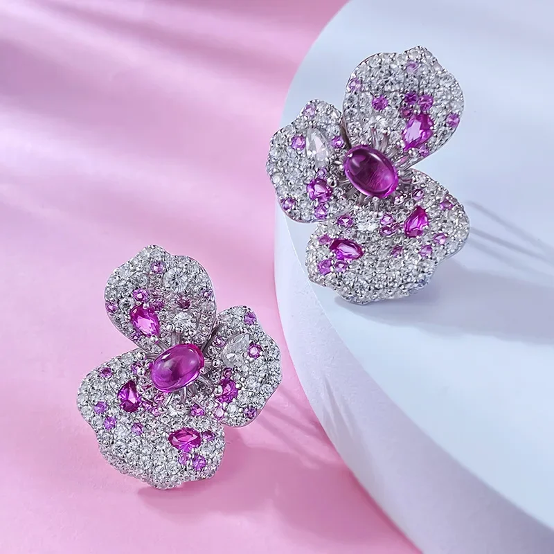 Karachi Three Petal Flower Pink Earrings 925 Silver Earrings With Brilliant Temperament And Elegant Elegant Elegance Jewelry