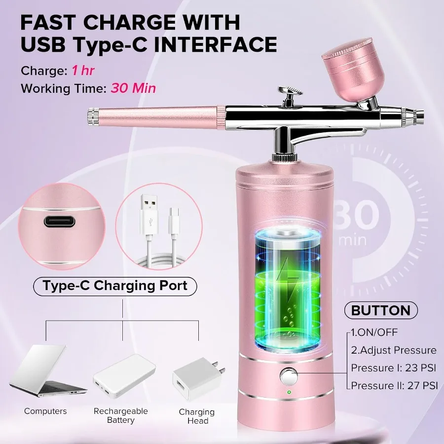 ชุดพ่นสีแบบพกพา ชาร์จซ้ำได้ ประสิทธิภาพสูง หัวฉีดขนาด 0.3 มม. สำหรับแต่งหน้า แต่งตัว ทำเล็บ ลายสัก