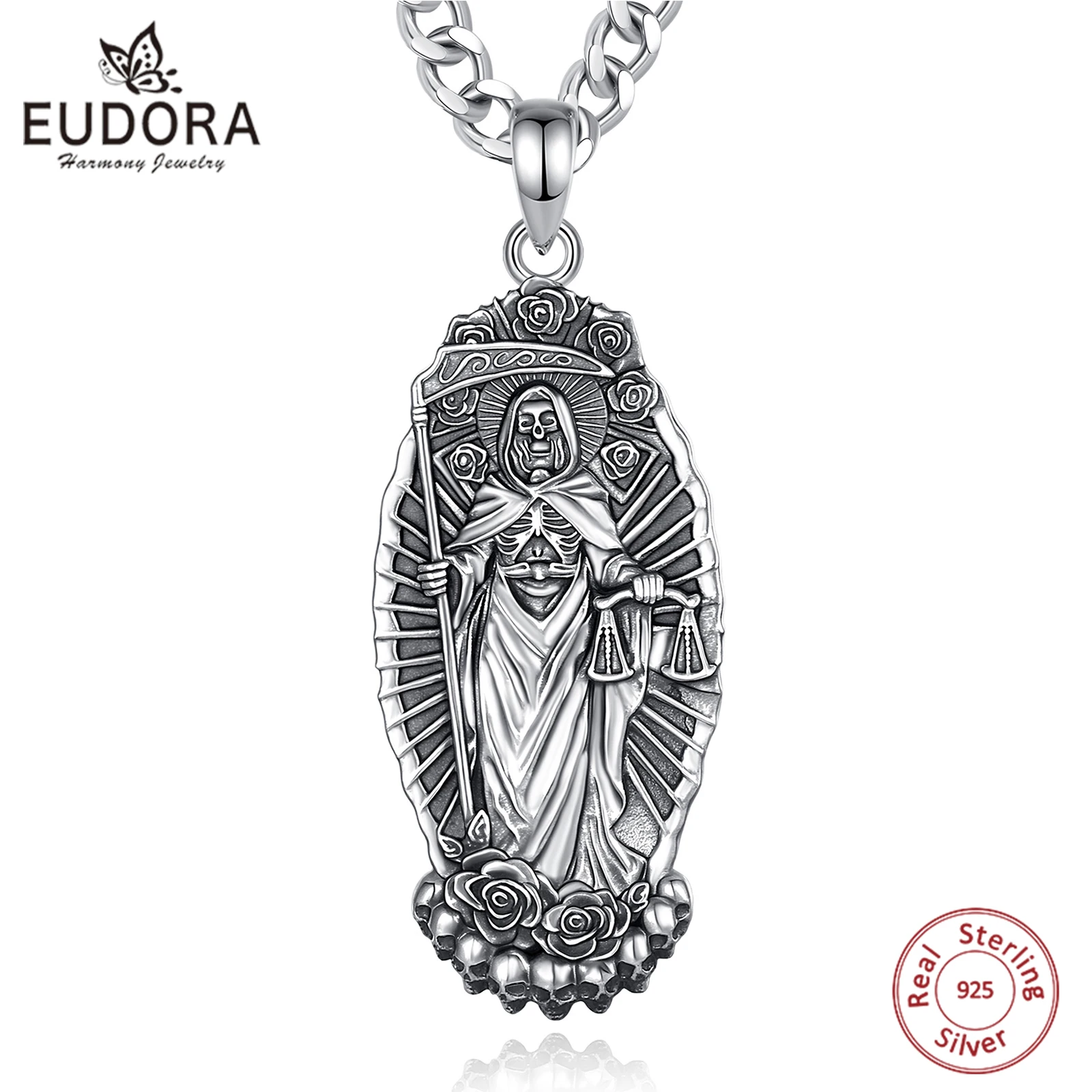 

Eudora 925 Sterling Silver Santa Muerte Necklace Holy Death Scythe Pendant Mexican Jewelry Personality Gift for Men Women