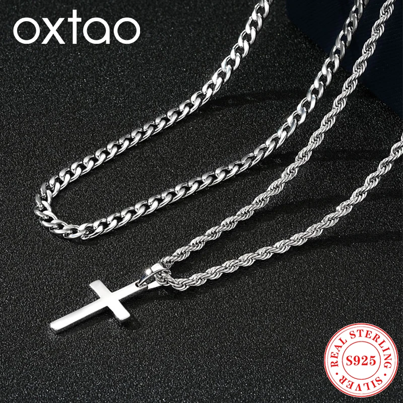 

OXTAO for Women Men Cross Pendant Necklace Original 925 Sterling Silver Double Layered Cuban Rope Chain Fine Jewelry Gifts