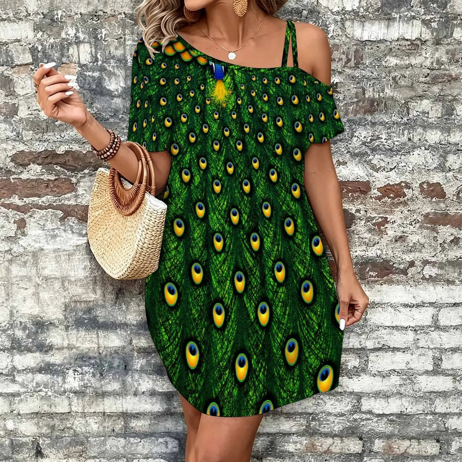 Women Print Cold Shoulder Short Sleeve Mini Dress Irregular Off Shoulder Casual Loose Tunic Dress
