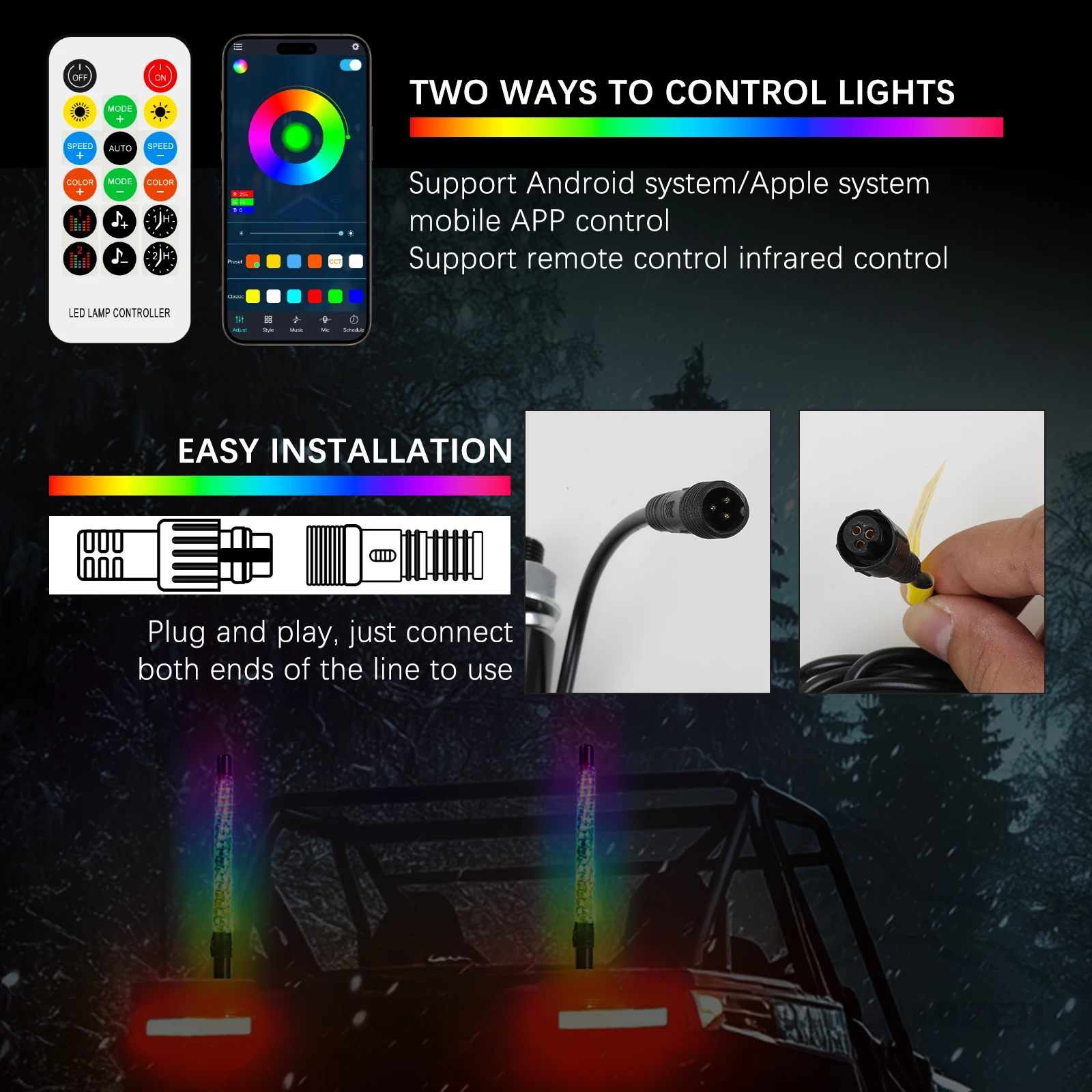 Remote Control LED Flagpole Lights 30cm/1ft Colorful Flagpole Spiral Antenna Whips Lights for UTV ATV Off Road Truck Sand Buggy