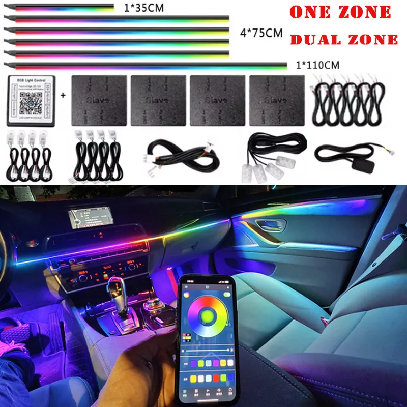 

Car Interior Ambient Mood Lighting Kit 10 in 1 RGB LED Strip Light Acrylic Optical Guide APP Control 64 Colors 12V Universal Fit
