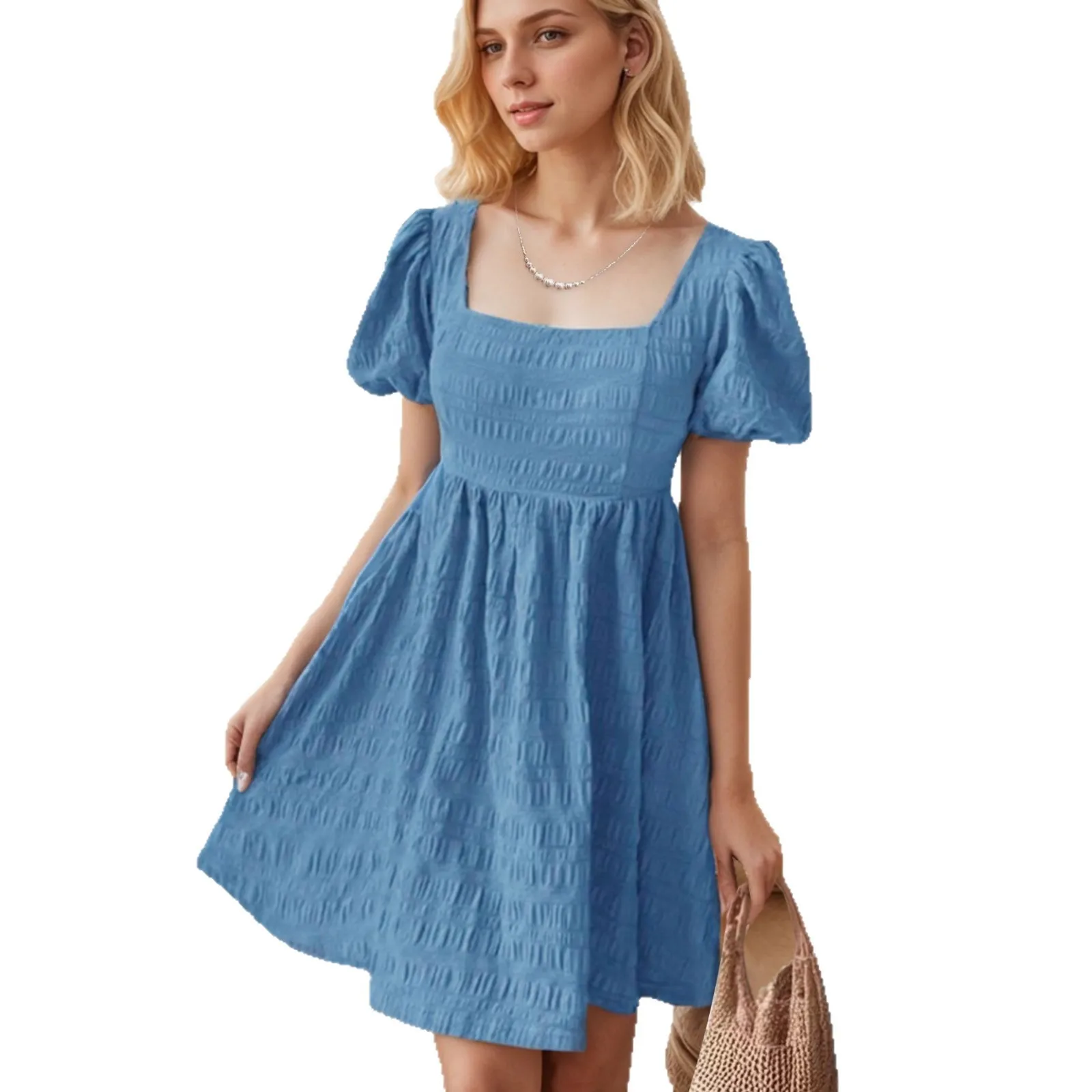 Short Sleeve Square Neck Mini Dress Elegant and Refined with Flared Hem Patchwork Elastic Waist Pull on Dresses for Women