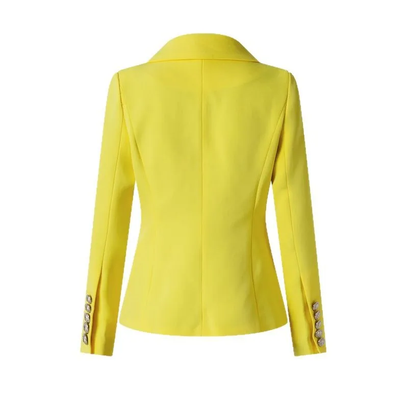 Women's Yellow Double-Breasted Blazer, Silver Button Slim Fit British Style Office Commuter Jacket view 5