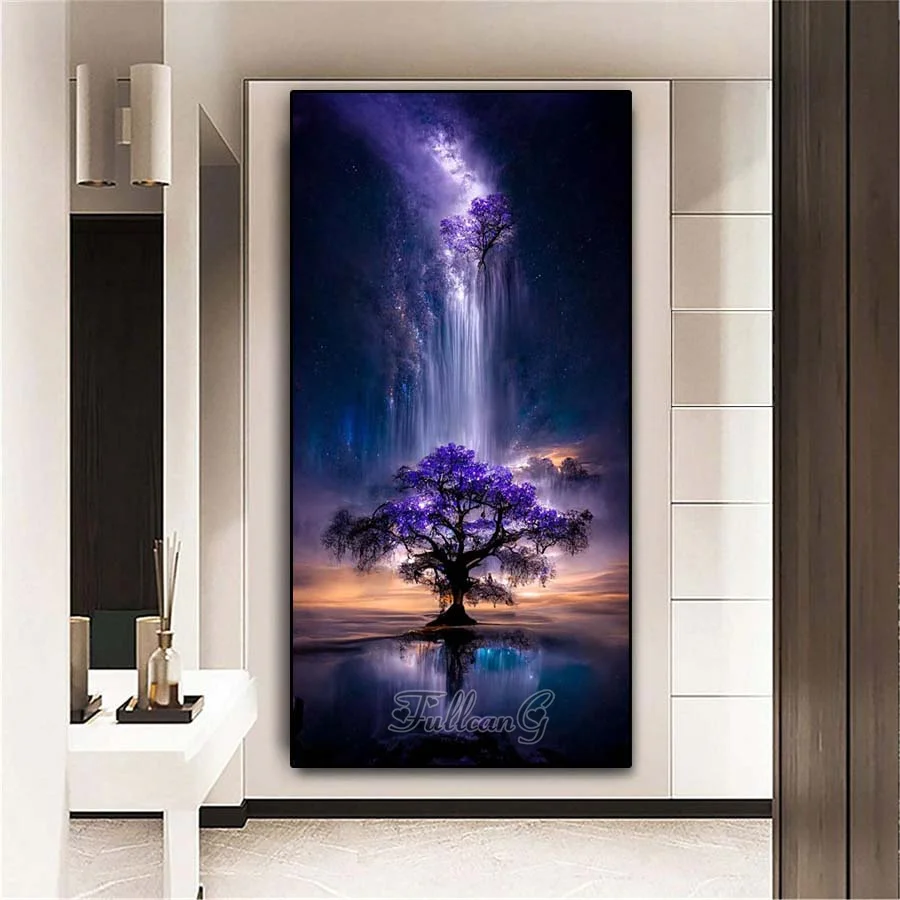 

FULLCANG алмазная живопись, большой размер, фантазия, фиолетовое дерево, водопад, своими руками, вышивка, пейзаж, мозаика, искусство, картина FG1635