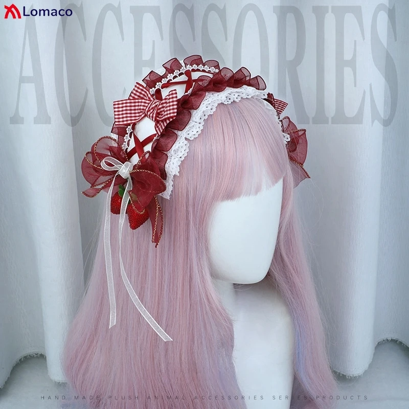 

Red Strawberry Lace Bow Ribbon Hairband Girls Lolita Sweet Cute Headband Cosplay Hair Accessories
