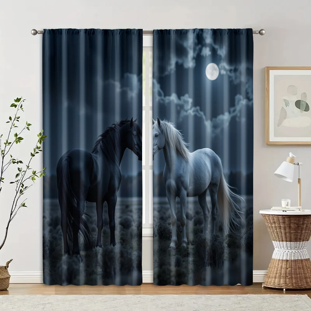 2pcs, Curtain Set Horse 100% Polyester (without rod) Festive Use for Bedroom, Living Room, Office ,Home & Cafe Decor