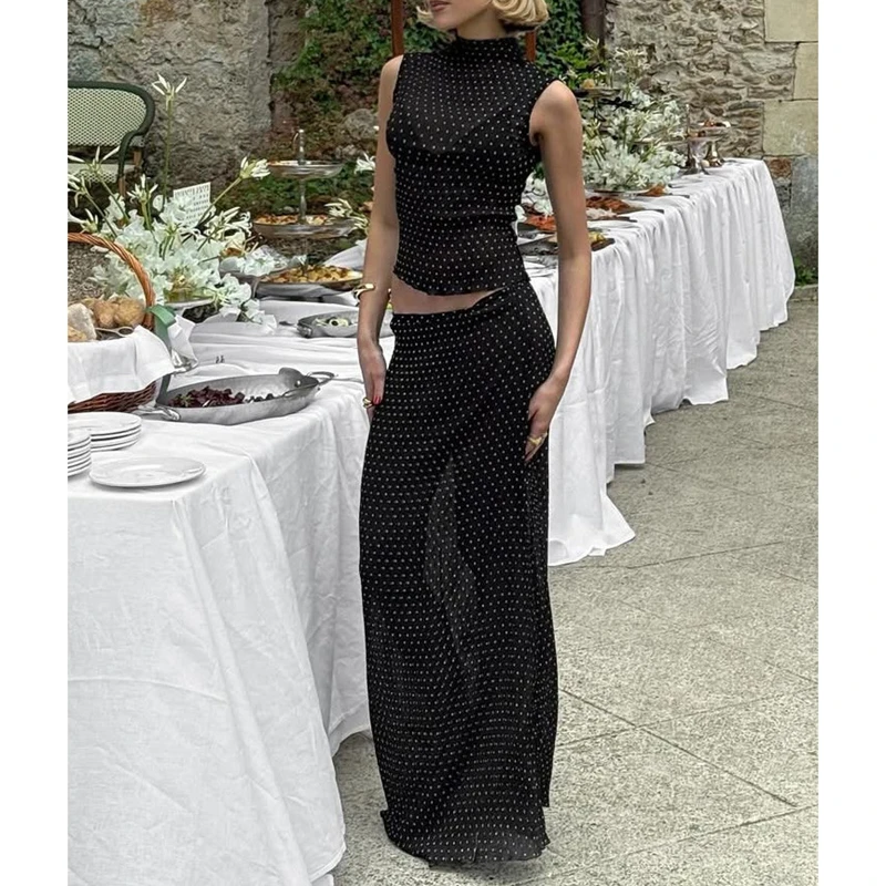 

Women Summer Vintage Dot Print Sheer See-through Outfits Sleeveless Mockneck Tank Tops and Long Skirt 2Pieces Casual Party Set