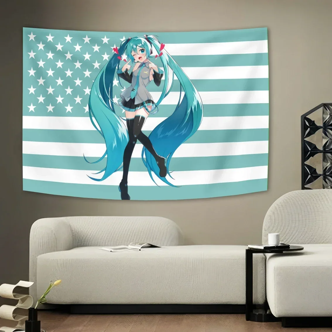 Miku Wandteppich mit amerikanischer Flagge, Anime-Hintergrunddekoration, Schlafsaal, Bettkopfteil, Wohnzimmer, Sofa, Hintergrundstoff, langlebige Dekoration