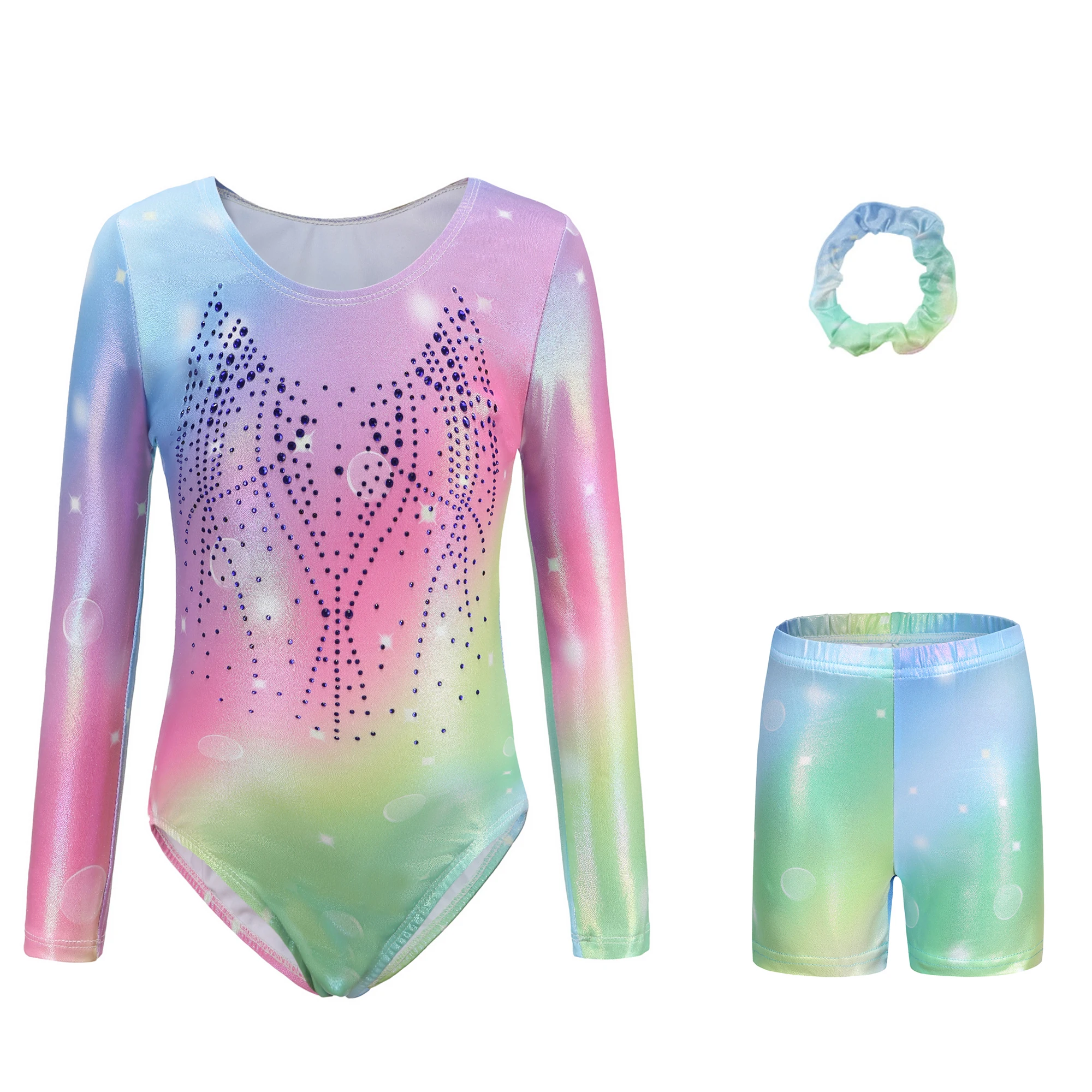 Hot Children Girls Kids Blue Pink Purple Long Sleeve Rhythmic Gymnastics Leotards with Shorts Sets Outfits Bodysuits Jumpsuits