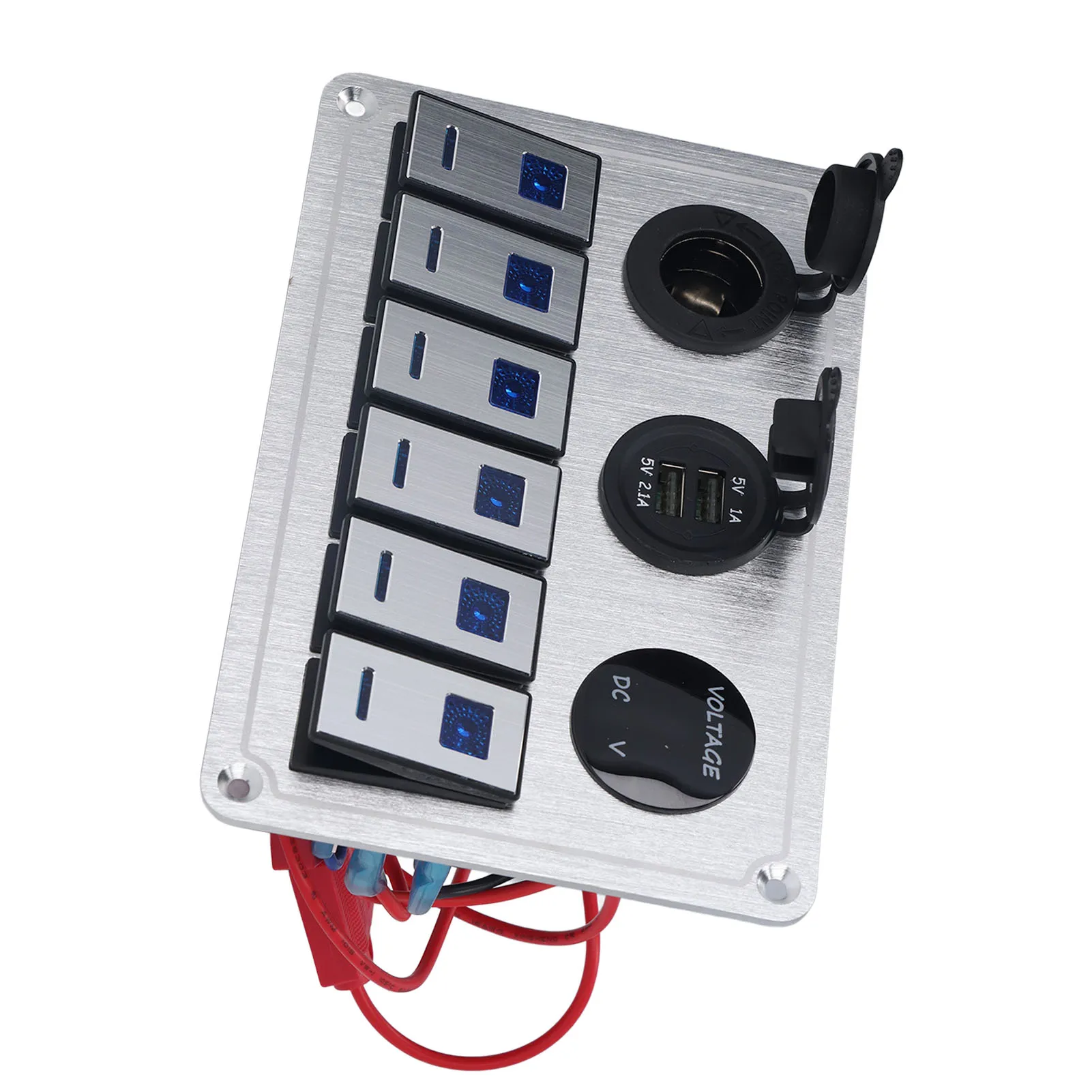 

6 Gang Rocker Switch Panel On Off, Blue LED Light, 2.1A Dual USB Charger Port, Aluminum Alloy for Car, RV - Automotive Accessory