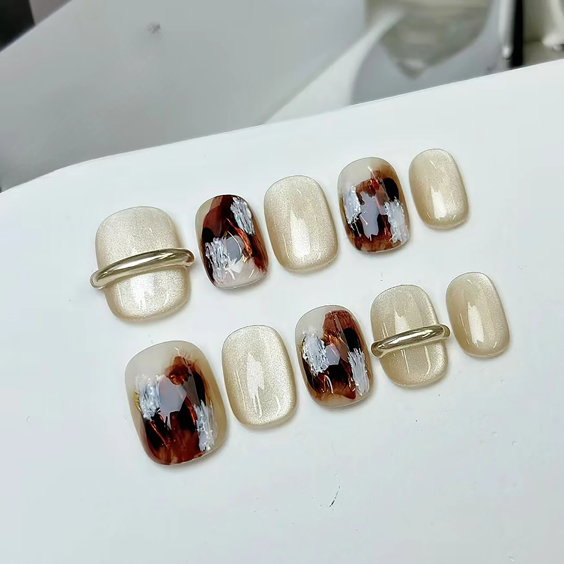 10 pçs doce legal imprensa em unhas y2k artesanal aurora estrelas unhas falsas brilhante olho de gato unhas conjunto imprensa em caixão retro unhas falsas