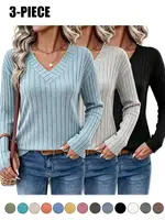 Women's 3-Pack Ribbed Knit V-Neck Sweaters Tops New Fall Fashion 2026 for Women