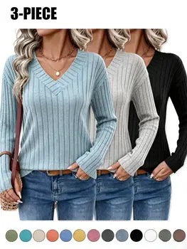 Women's 3-Pack Ribbed Knit V-Neck Sweaters Tops New Fall Fashion 2026 for Women