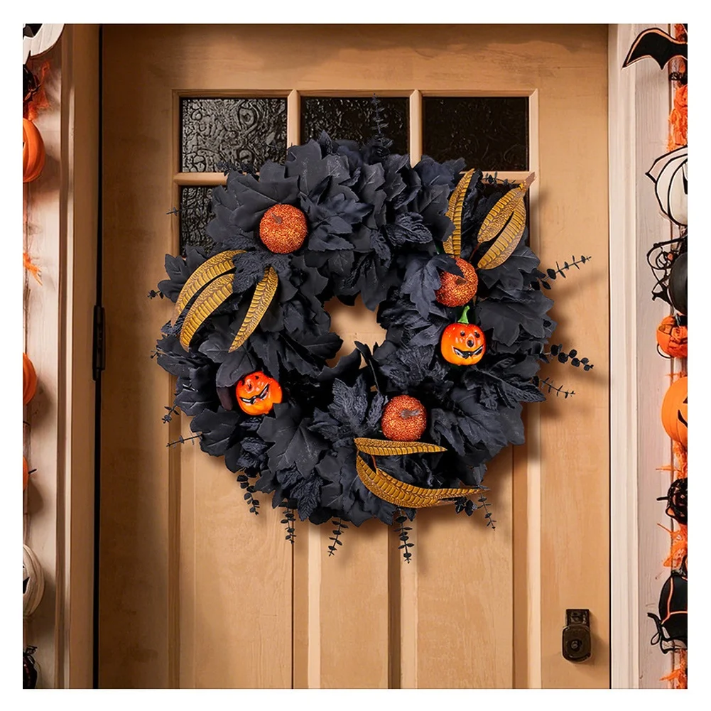 Halloween Black Maple Leaf Pumpkin Wreath 50cm Autumn Decorations For Door Party Pumpkins Indoor Outdoor Door Wall Decorati
