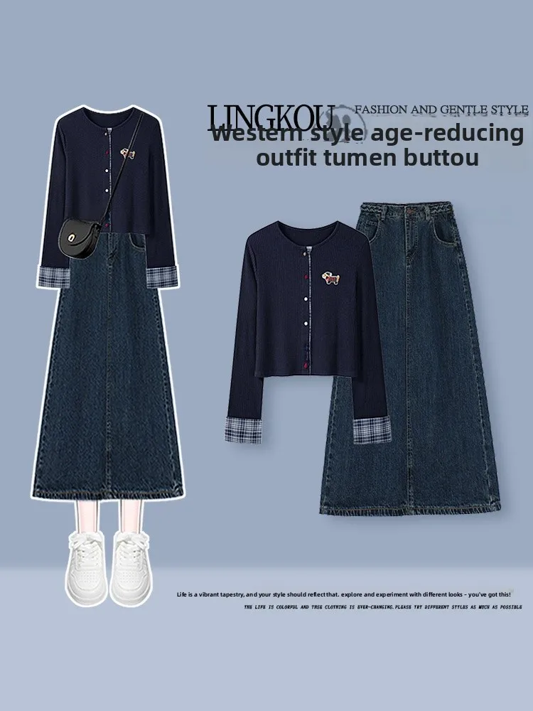 Korean Style Knitted Dog Cartoon Half-length Denim Skirt And Open Cardigan Women's Fashion Set Autumn Season Casual Wear