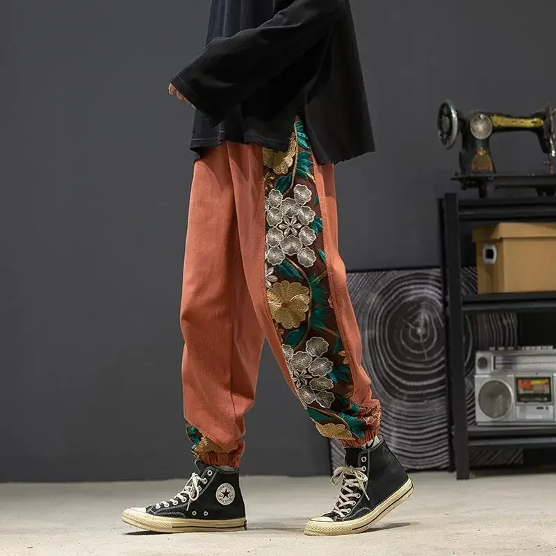 Vintage Artistic Loose-fit Bundled Foot Harem Casual Pants Men's Trousers Chinese Style Color Block Embroidery