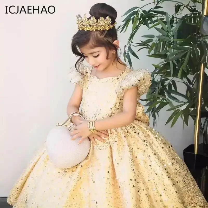 ICJAEHAO 2024 Newborn Baptism Clothes Sequin Children Girls Puff Sleeves Ball Gown Elegant Noble Evening Dresses Birthday Party