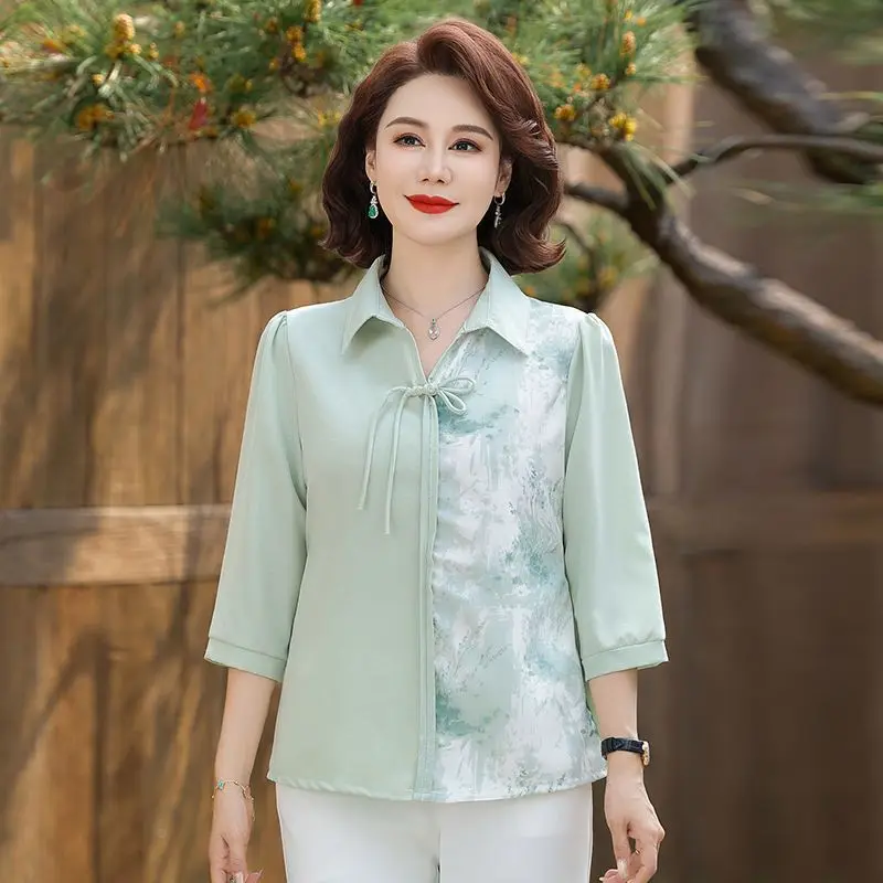 

Elegant Women's Chiffon Print Collar Pullover Shirt for Summer