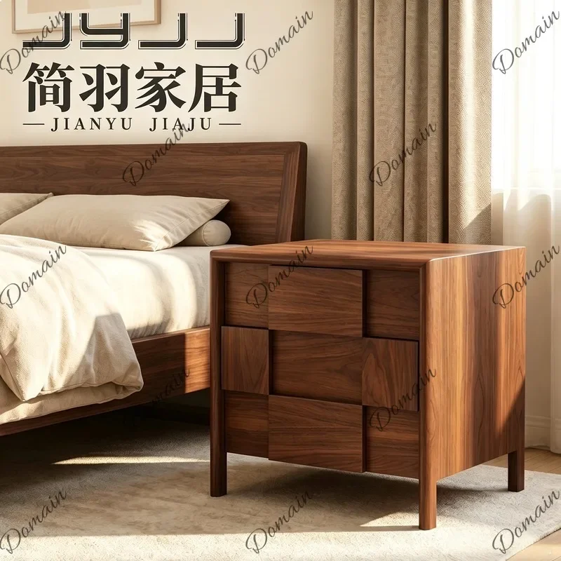 BJ 2026 New Wabi-sabi Solid Wood Nightstand Mid-century Square Splice Black Walnut Bedside Table
