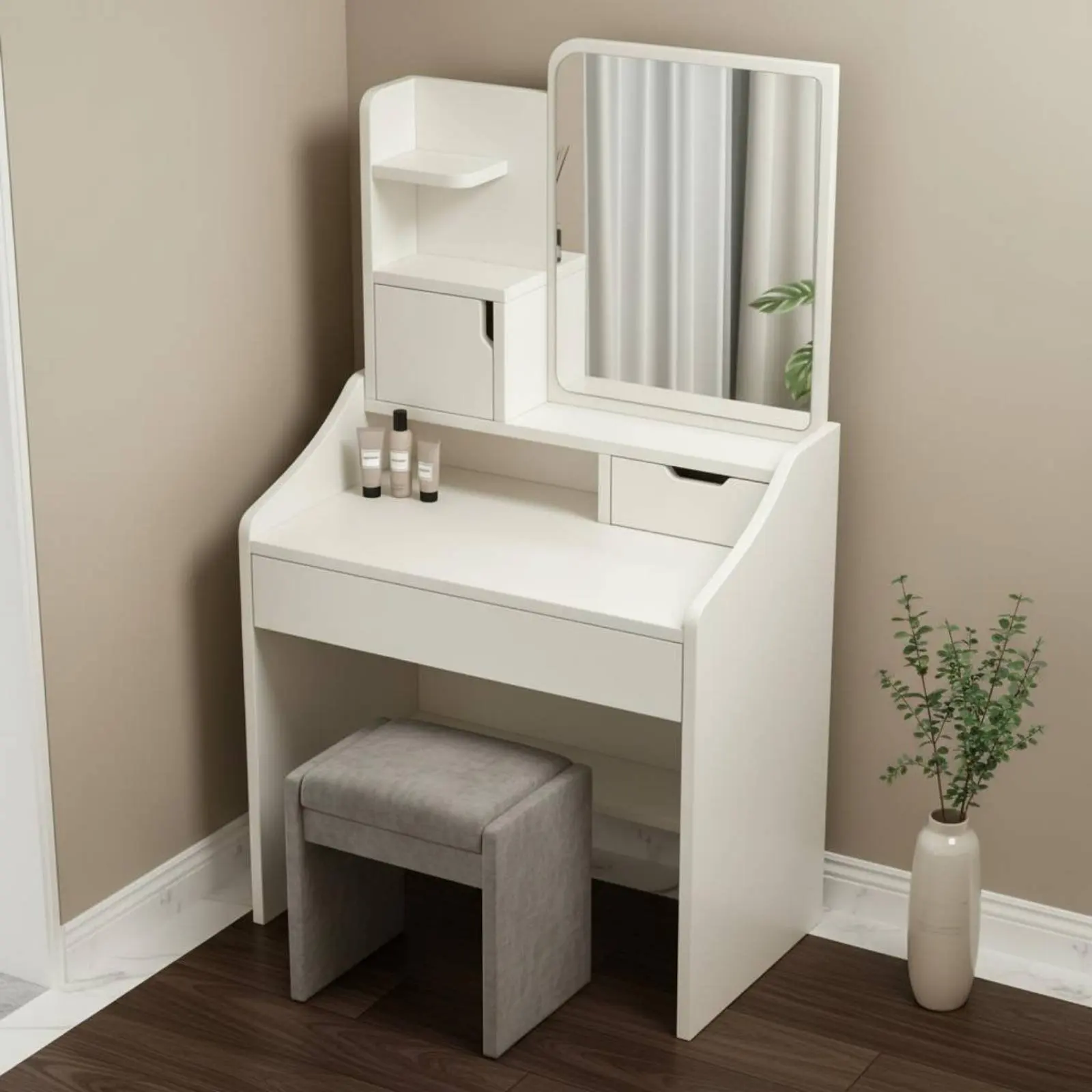 Makeup Vanity with Storage Space Saving Design Dressing Table with Lighted Mirror Vanity Desk with Mirror for Small Apartment