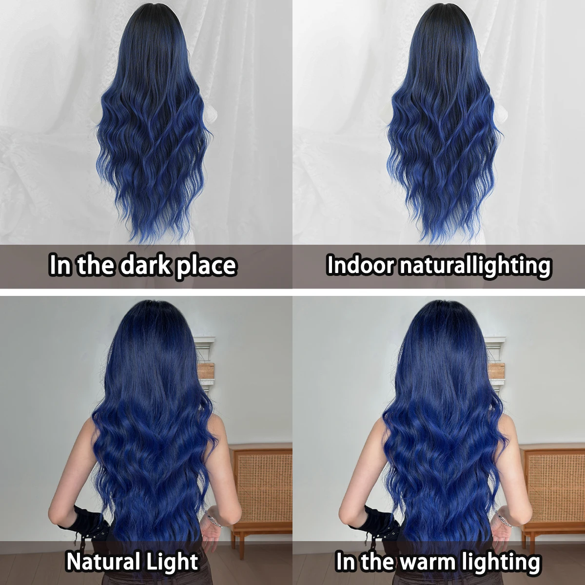 7JHH WIGS Long Water Wave Dark Blue Wig for Women Synthetic Modest Fashion Middle Part Wear and Go Wigs with Curtain Bangs - view 6