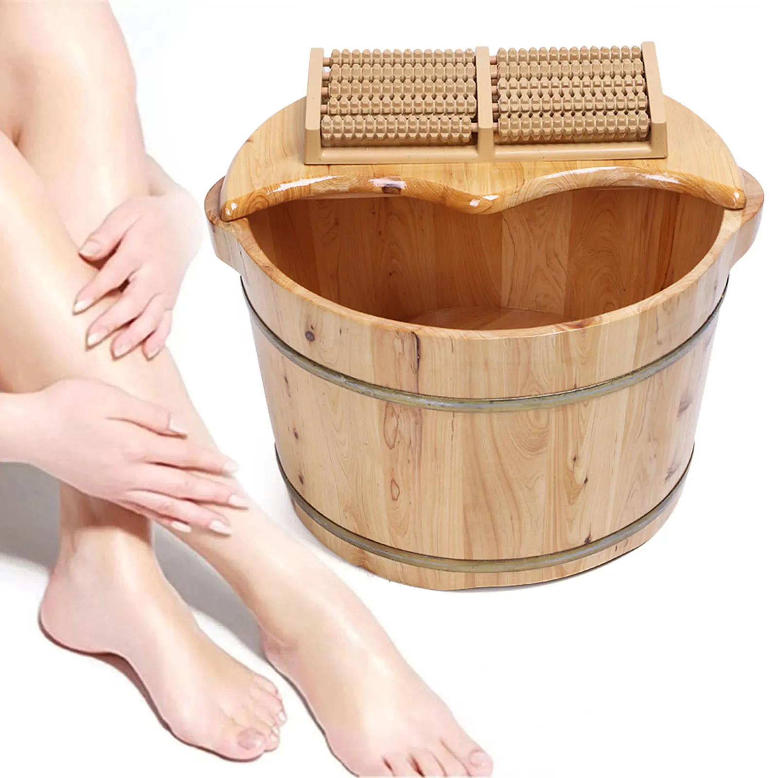 Bath Basin Feet Portable Pedicure Spa Bucket Wood Foot Soaking Plus Cover Plate Massager