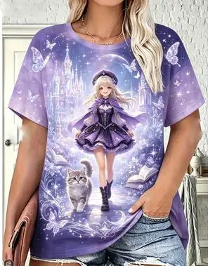 Women Crew Neck Short Sleeve T‑shirt Anime Magic Girl Cat Castle Butterfly Star Purple Print Casual Summer Tops