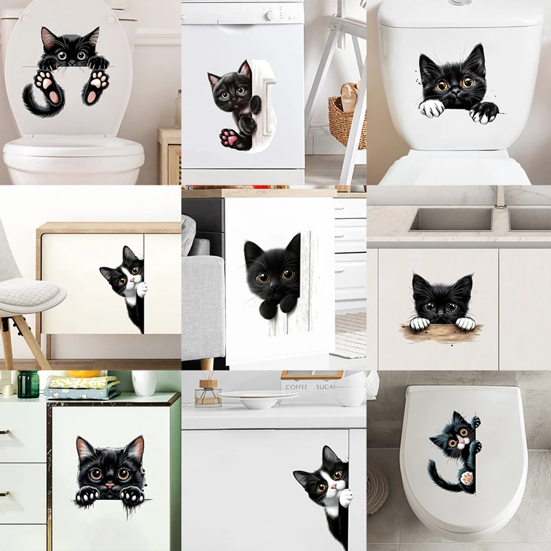 So Cute! Peep Black Baby Cat Vinyl Stickers for Room Decoration Waterproof Decals on the Door Wall Toilet Cabinet Fridge Washer