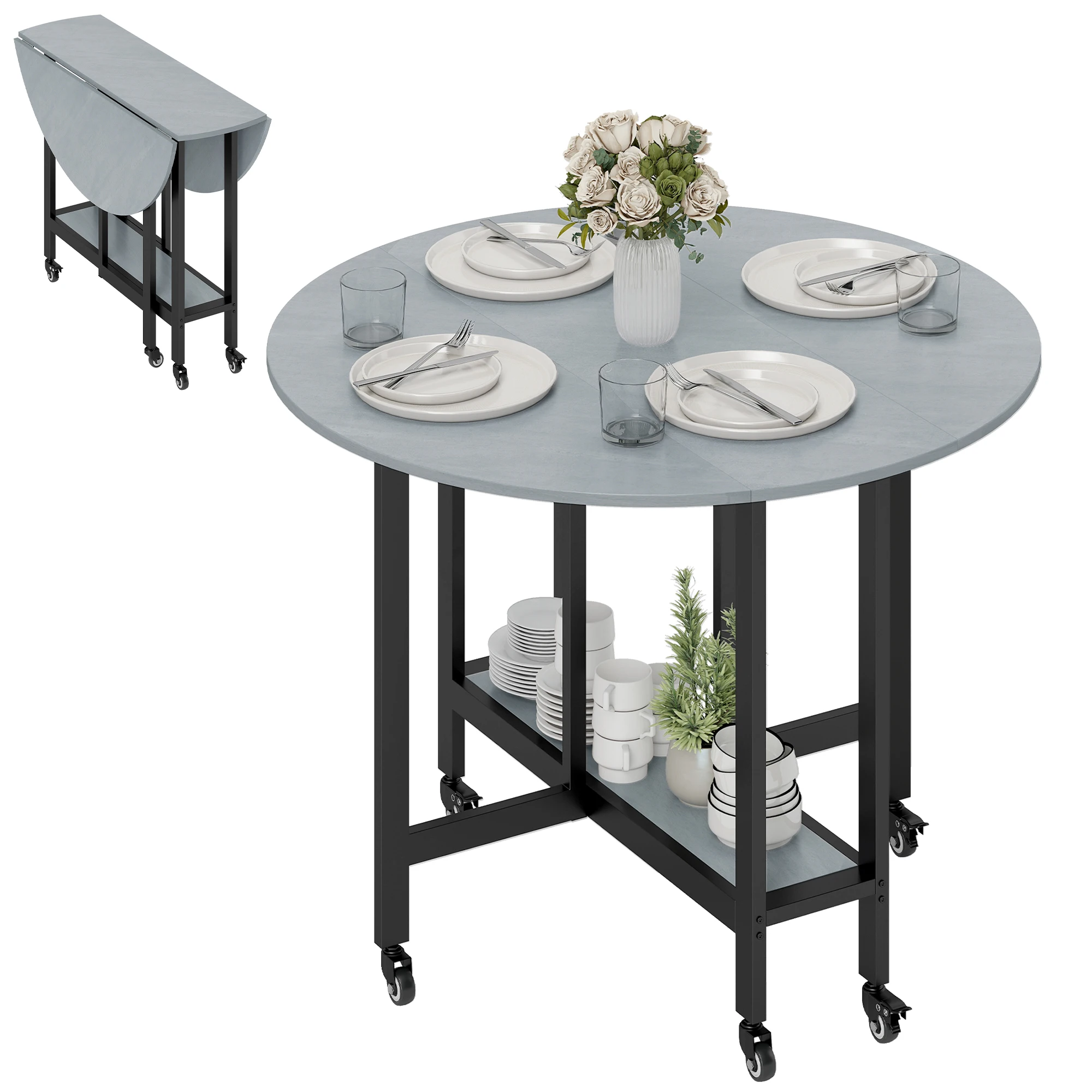 Table à manger pliante Homcom avec étagère ouverte gris ciment