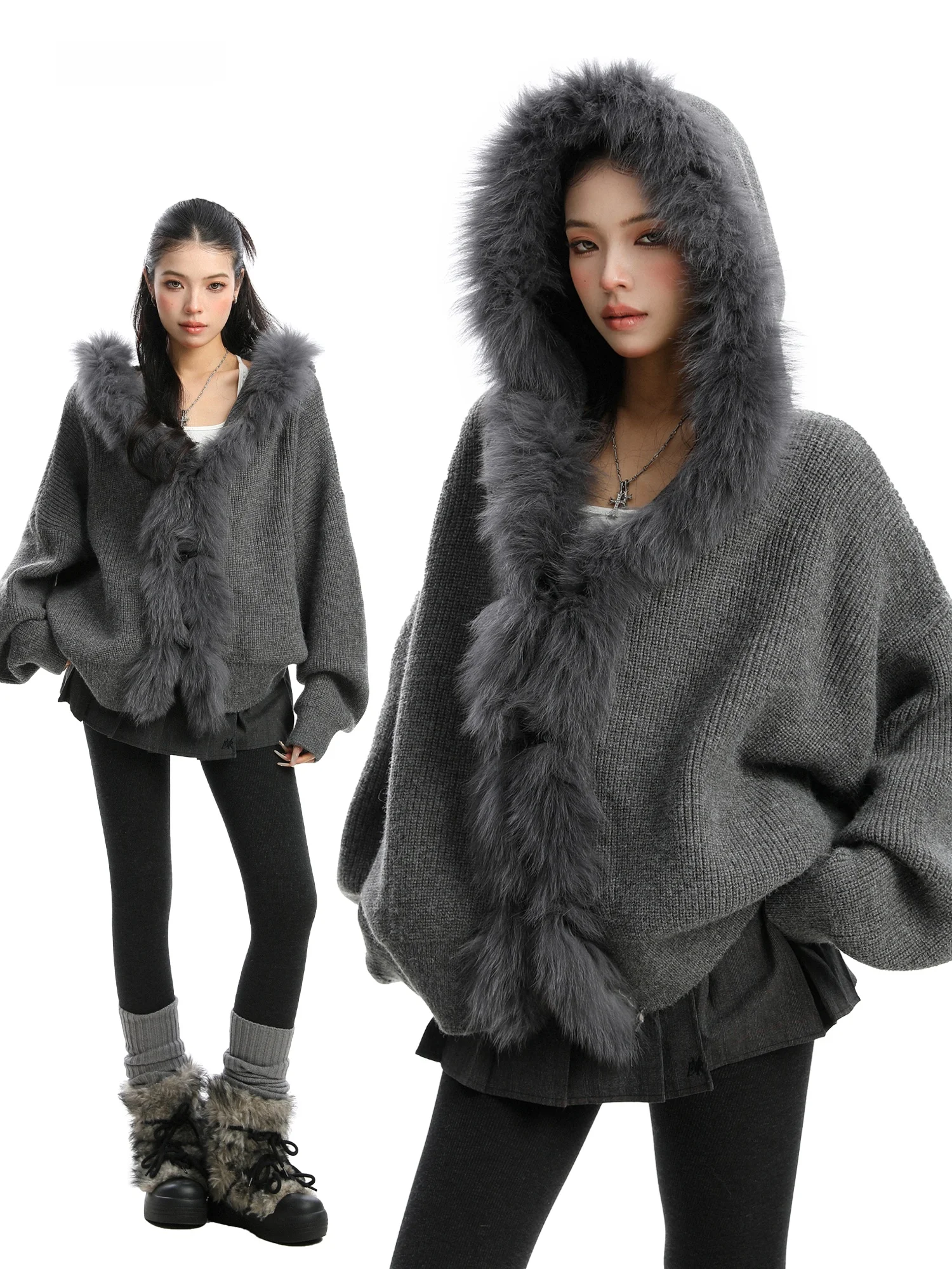 

Warmth And Sle Women's Hooded Knitted Sweater with Large Fur Collar American Design Fall Winter Loose Fit Comfortable Top