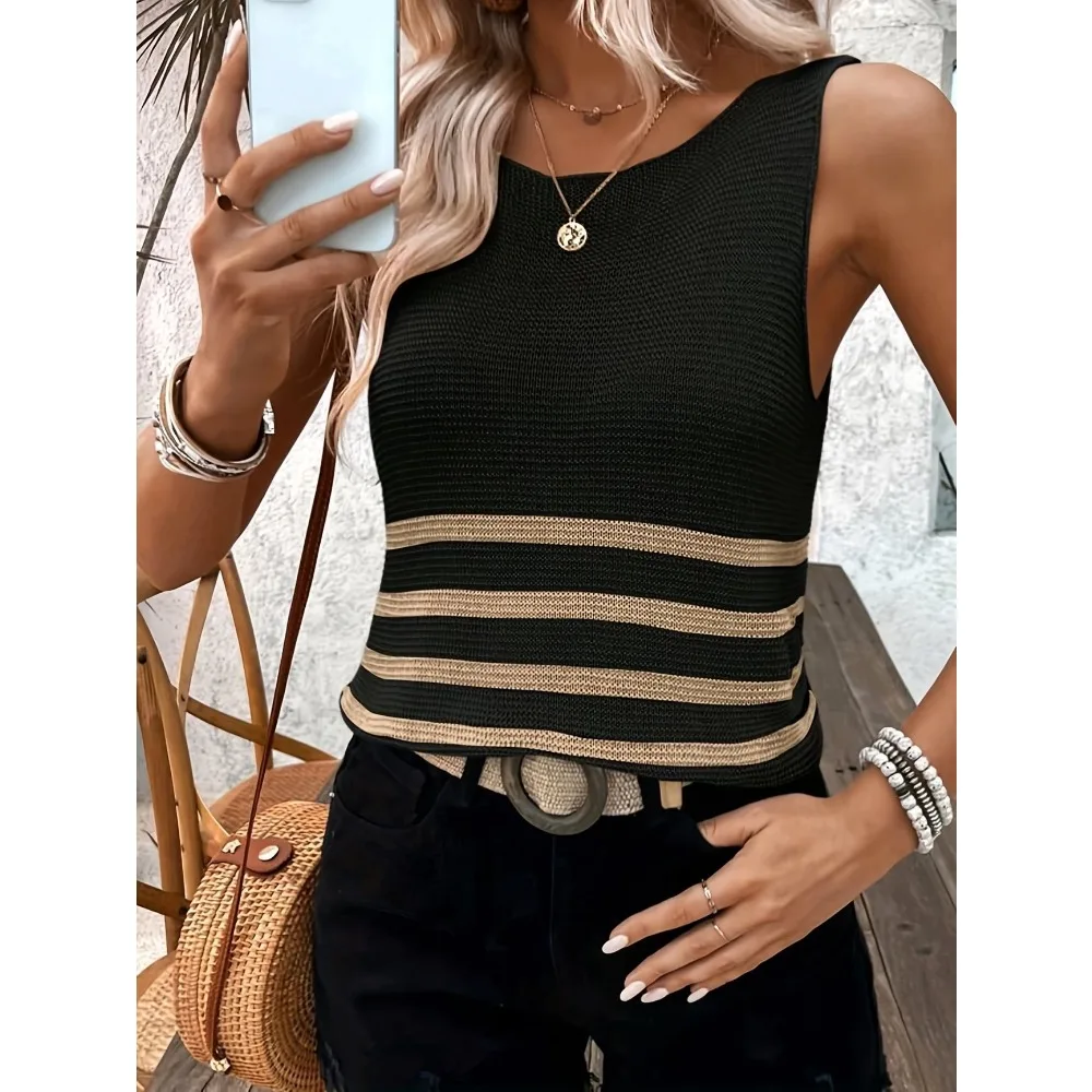 Women V Neck Striped Knit Tank Top Sleeveless Ribbed Cami Inner Layering Outerwear Breathable Soft Flattering Streetwear Comfy
