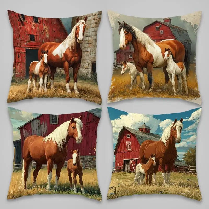 Rustic Farmhouse Equestrian Horse Pillowcase Set 4 Pieces Barn Country Decor Cushion Cover Print Western Farm Style 40x40cm