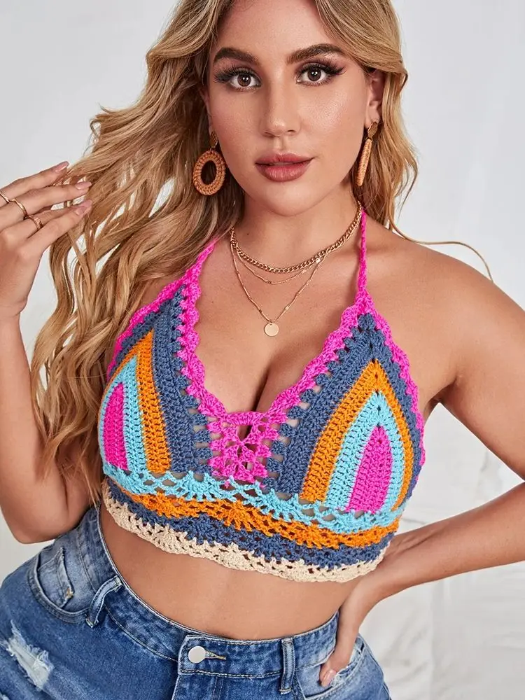 Plus Size Crochet Bikini Sets Multi Color Knitted Rainbow Striped Off Shoulder Top + Bottom Bikini Beachwear Beach Swimwear