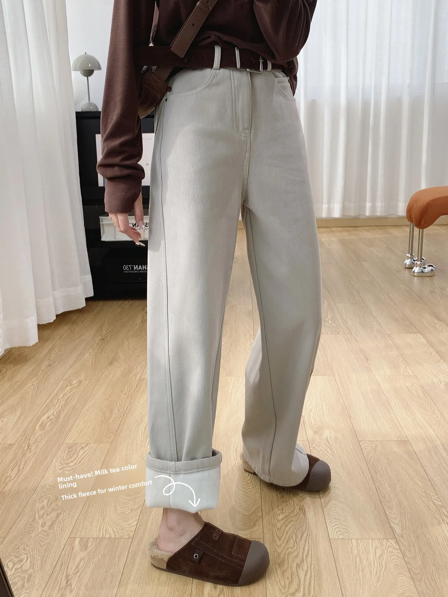 

Широкие брюки с высокой талией Thiened Fce, женские свободные прямые джинсовые джинсы, осень-зима, новинка, повседневная ткань Cosite