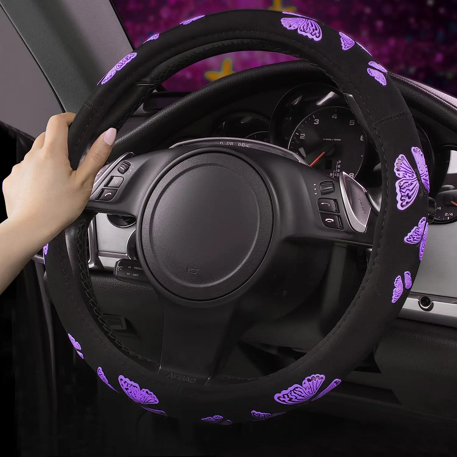 Car Purple Butterfly Steering Wheel Cover Universal Fit for Suvs Trucks Sedans Cars for Cute Women Girly Black and Purple