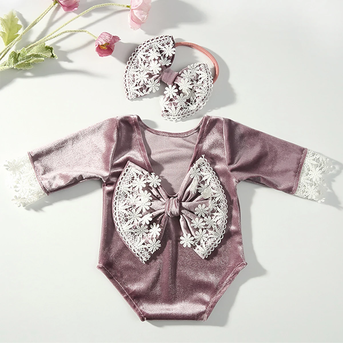 Ylsteed Newborn Girl Photography Outfit Baby Velvet Back Bowknot Lace Romper with Bow Headband Infant Photo Shooting Props