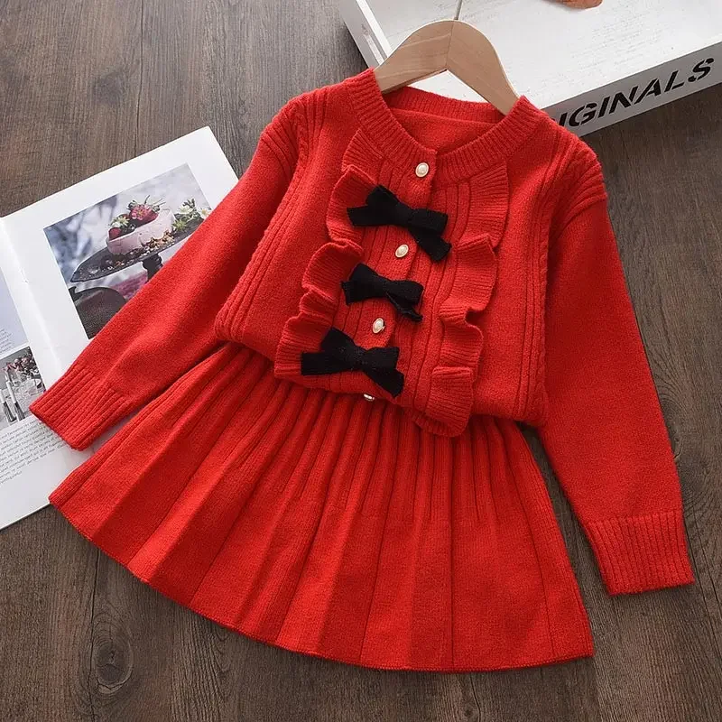 Baby Girls Bow Cute Clothing Suits New New Fashion Winter Knitted Sweaters And Skirt Outfits Princess Children Clothing 2-6Y