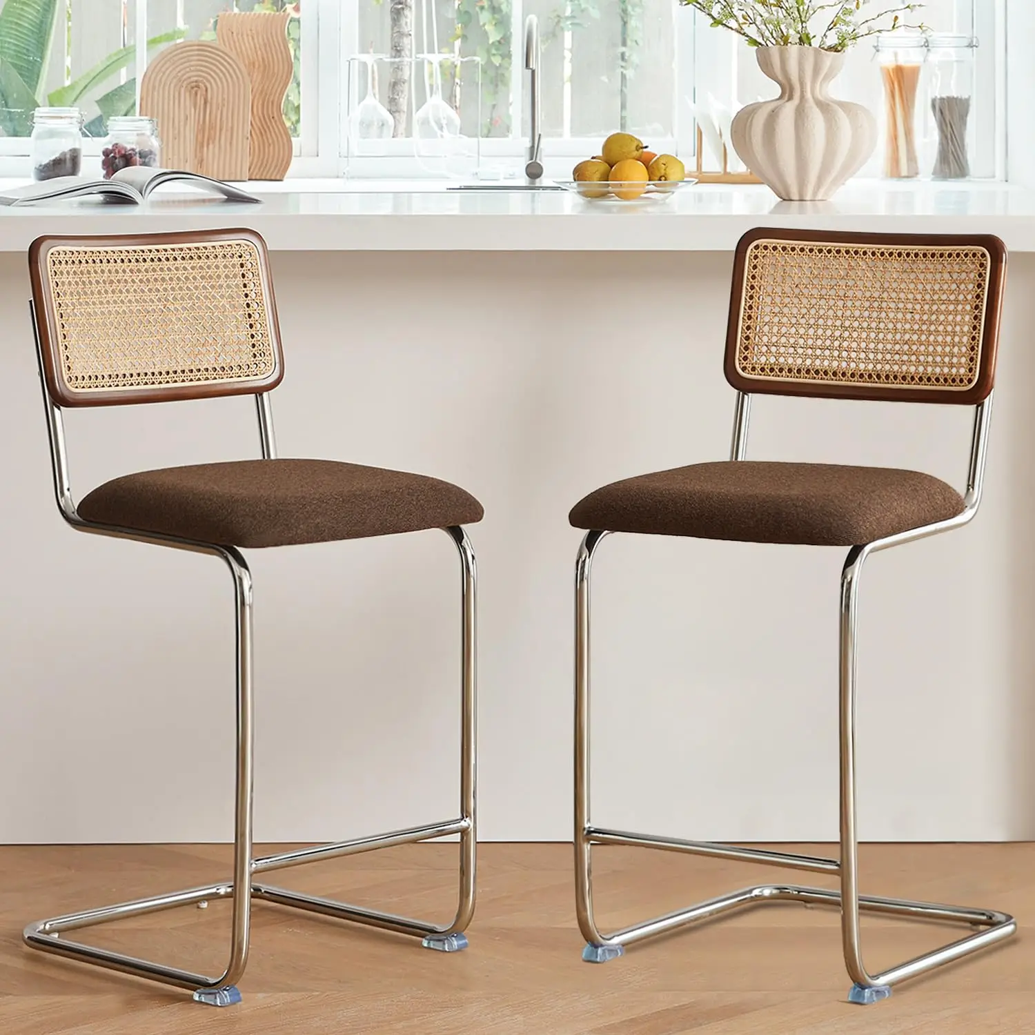 Natural Rattan Counter Height Stools Set of 2 with Solid Wood Back, 24 Inch Mid Century Modern Cesca Bar Stools, Brown, Custom